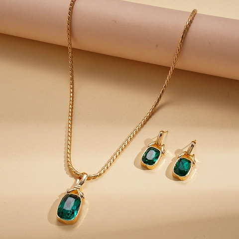 Elegante Collana Con Ciondolo Quadrato Pietra Preziosa Verde E Orecchini Gioielli In Lega Rame Strass Stile Retrò