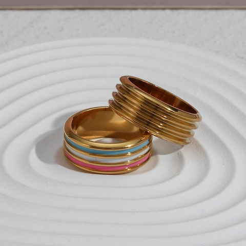 Vintage Edelstahl 18K Vergoldet Emaille Gestreifter Ring Für Damen Buntes Tropföl Gewinde Geometrische Band Schmuck