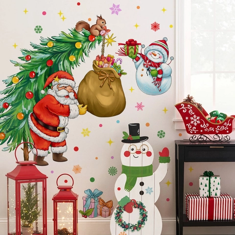 Christmas Santa Claus Snowman Wall Stickers PVC Self-Adhesive Snowflake Colorful Dots Holiday Decor Bedroom