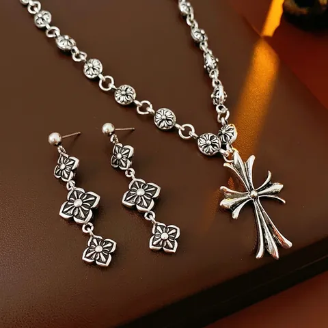 Collier Pendentif Croix Et Boucles D'oreilles Fleurs Alliage Avec Tige En Argent Pour Femme Style Gothique Vintage Bijoux