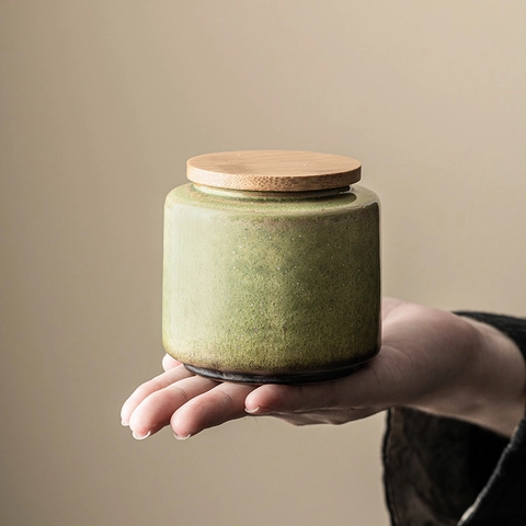 Ceramic Tea Canister Starry Green Kiln Glaze Airtight Wood Lid Storage Jar Retro Zen Style Porcelain Food Container