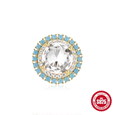 Round Stud Earrings With 925 Sterling Silver Earring Post Zirconia Turquoise Gold Plated Boho Vintage Jewelry Women