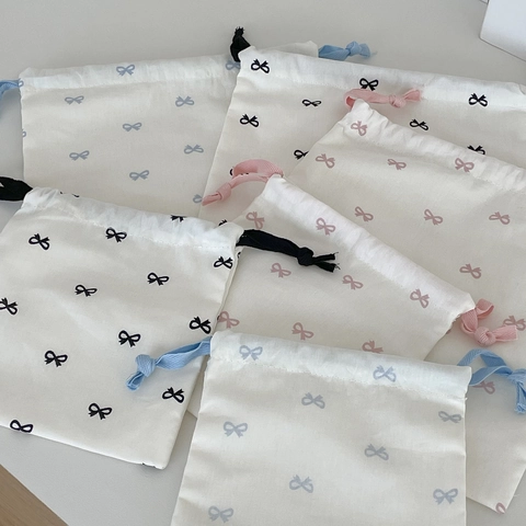 Cute Bow Print Canvas Drawstring Storage Bags Portable Travel Makeup Organizer Pouch For Students Women Korean Style