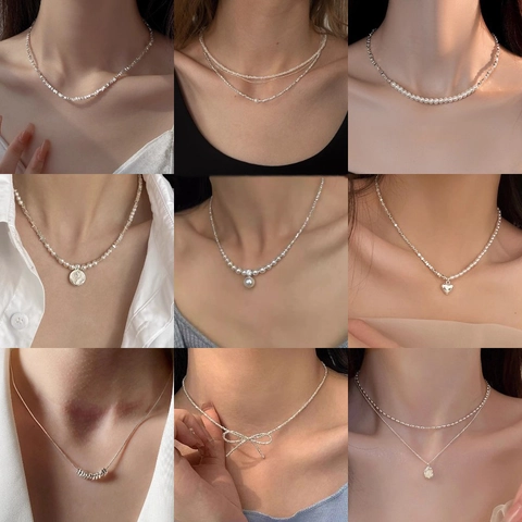 Kunstparelketting Met Onregelmatige Zilveren Kralen Strik Hart Hanger Sleutelbeenketting Franse Stijl Elegante Sieraden Voor Vrouwen