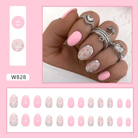 Faux Ongles Press On Ovales Fleurs De Cerisier Roses Paillettes Argentées Manucure Douce Mode Pour Femmes