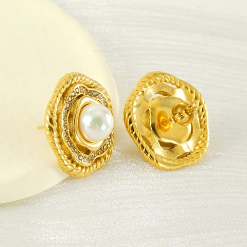 Vintage Geometrische Blütenblatt Ohrstecker Für Damen Mit Künstliche Perle Und Strass 18K Vergoldeter Edelstahl Modeschmuck