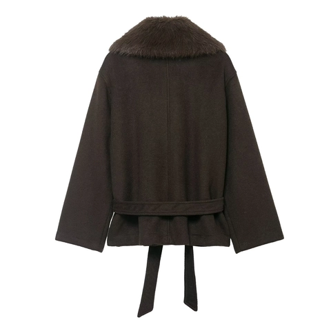 Women Belted Coat With Faux Fur Collar Solid Coffee Brown Woolen Style Winter Long Sleeve Jacket
