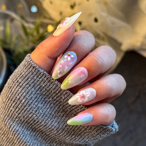 Press On Nails 3D Flower Gradient Almond Shape Artificial False Finger Nails Full Cover Sweet Elegant Style For Women