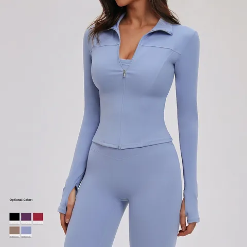 Dames Yoga Jasje Slim Fit Sport Top Geborsteld Opstaande Kraag Rits Lange Mouwen Met Duimgaten Hardlopen Fitness Gym