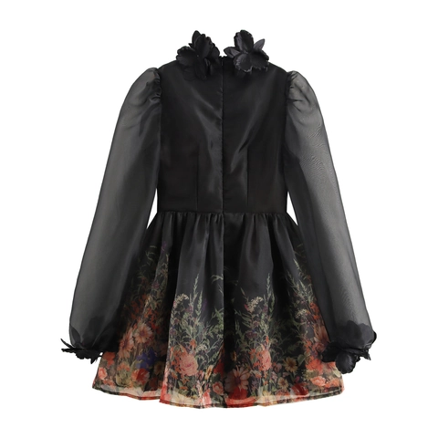 Elegant Retro Gothic Lolita Mini Dress Long Sleeve Mock Neck Mesh Overlay With 3D Flower Appliques And Floral Print