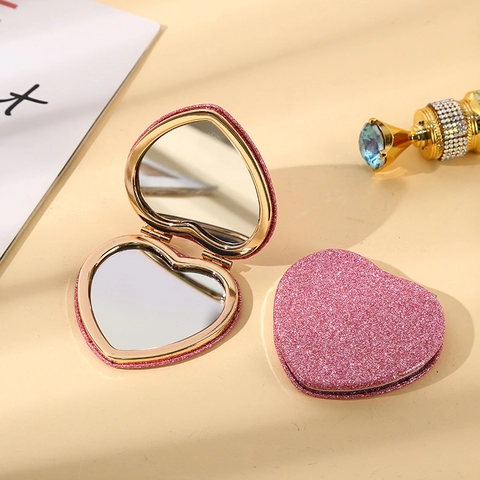Compact Makeup Mirror Heart Shaped Glitter Portable Folding Magnifying Pocket Travel Mirror For Women Girls