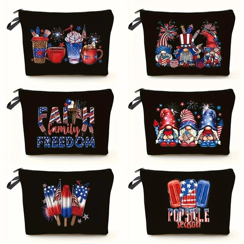 Patriotic Independence Day Makeup Bag Canvas Zipper Pouch Travel Organizer Cosmetic Case July Fourth Gnomes Printed