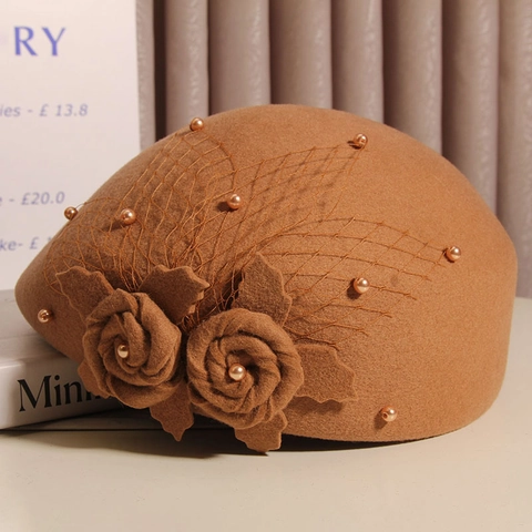 Women Woolen Beret Hat With Mesh Veil Flower Artificial Pearl Decor Elegant Retro French Style Autumn Winter Warm Pillbox Cap