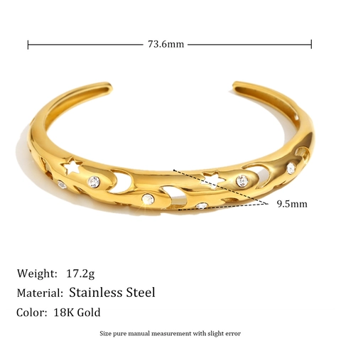 Open Cuff Bracelet Stainless Steel 18K Gold Plated Hollow Star Moon Zircon Retro Vintage Trendy Jewelry For Women