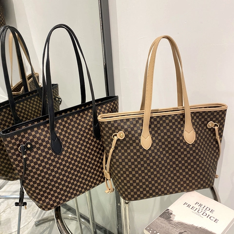 Retro Monogram Print Tote Bag Large Capacity PU Leather Women Handbag Vintage Fashion Commuter Shoulder Bag