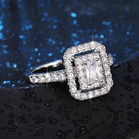 Rechthoekige Zirconia Dubbele Halo Ring Koper Witgoud Verguld Elegante Sieraden Voor Dames Bruiloft