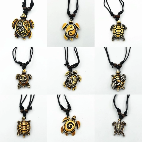 Vintage Sea Turtle Pendant Necklace Antique Imitation Bone Resin Tribal Totem Carved Adjustable Cord Wood Beads