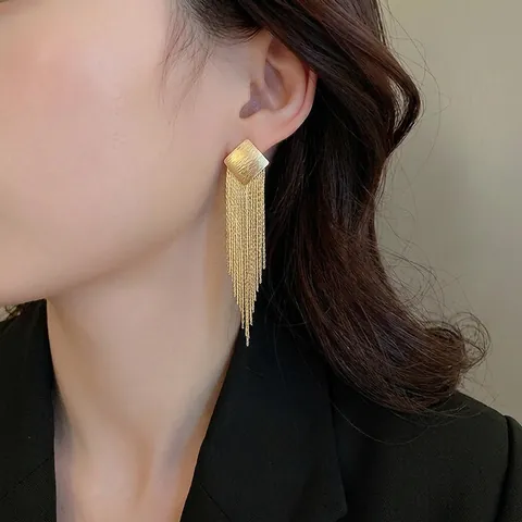 Lange Kwastje Hart Rhombus Hangoorbellen Voor Vrouwen Mode Elegante Metalen Ketting Sieraden Met Zilveren Oorbel Post