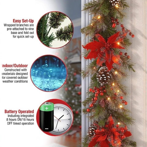 Guirnalda De Navidad LED Con Flores De Nochebuena Piñas Bayas Rojas Luces Blanco Cálido Decoración Festiva Para Hogar