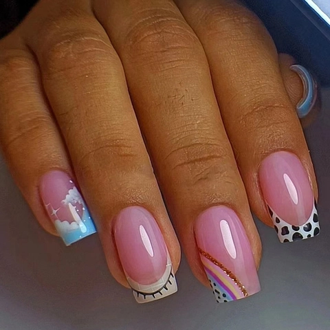 Press On Nails Square Artificial Fake Nails With Cow Print And Blue Sky Cloud Designs ABS Cute Sweet Style For Women Girls