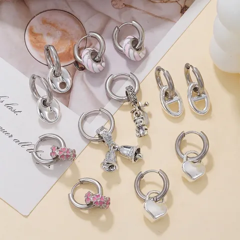 French Romantic Stainless Steel Hoop Earrings For Women Fashion Geometric Non-Fading Enamel Sakura Flower Rhinestone Ear Jewelry