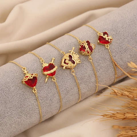 Sacred Heart Armband Roter Strass Verstellbar Kupfer Vergoldet Vintage Schmuck Für Frauen Herz Schwert Flamme