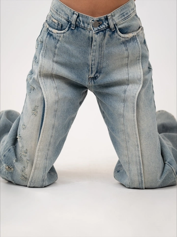 Women Cotton Denim Jeans Low Waist Distressed Washed Wide Leg Flared Streetwear Vintage
