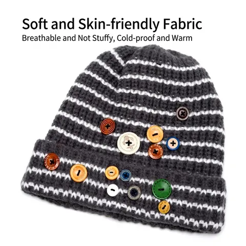 Bonnet Beanie À Rayures Tricoté En Acrylique Épais Chaud Hiver Extérieur Boutons Décoratifs Colorés Femmes