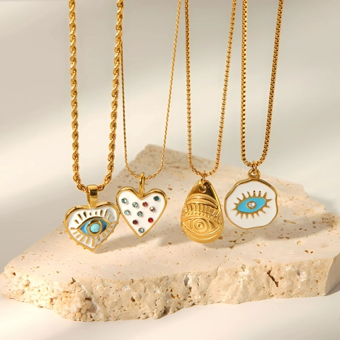 Evil Eye Herz Anhänger Halskette 18K Vergoldet Edelstahl Emaille Strass Bunter Ästhetischer Schmuck Für Damen