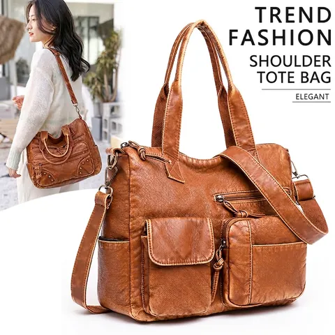 Vintage Brown PU Washed Leather Multi Pocket Tote Shoulder Crossbody Bag For Women Large Capacity Slouchy Style Fashion