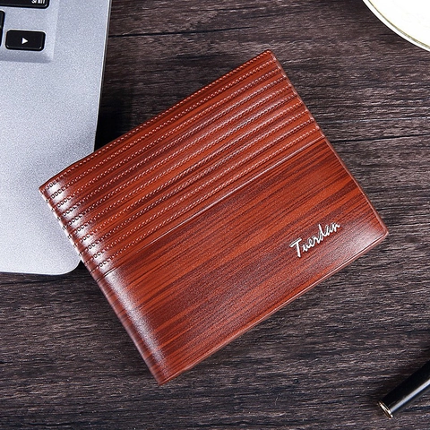 Portafoglio Corto Da Uomo Venatura Del Legno Pelle PU Bifold Business Casual Slot Per Schede Multiple Retrò Da Uomo