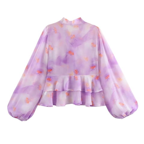 Schmetterling Blumen Chiffon Bluse Französisch Romantisch Schluppenkragen Volant Laternenärmel Verlauf Print Süßes Damen Hemd