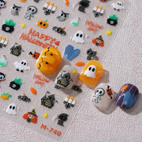 Adesivi Per Unghie 3D Halloween Rilievo Zucca Fantasma Pipistrello Teschio Castello Decalcomanie Autoadesive Fai Da Te