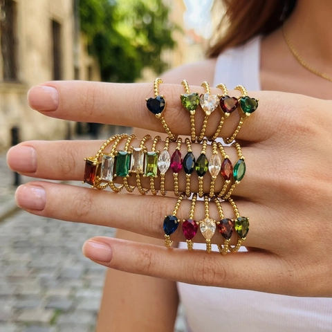 Verstelbare Damesring 18K Verguld Koper Kralenband Kleurrijke Zirkon Hart Marquise Peervorm Vintage Sieraden