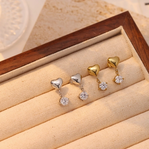 Heart Drop Earrings Stainless Steel With Round Cubic Zirconia Polished Dainty Jewelry For Women