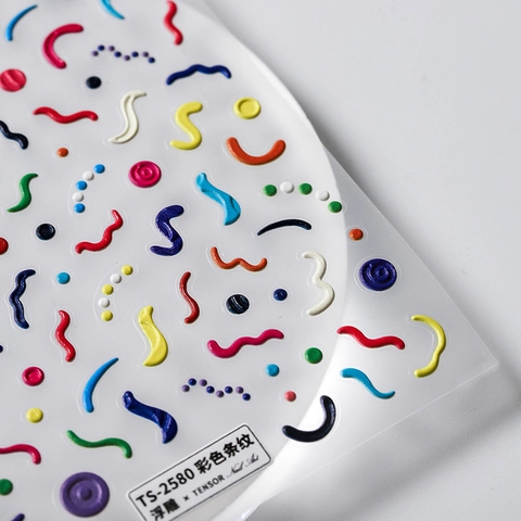 Nail Art Stickers Embossed Colorful Stripes Abstract Dots Spirals Self Adhesive Manicure Decoration