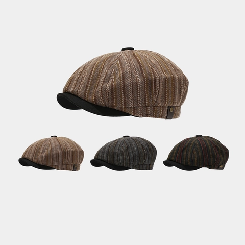 Newsboy Mütze Vintage Britischer Stil Fischgrätenmuster Gestreift Wollmischung Achteckiger Hut Mit Baumwollfutter