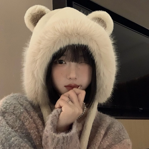 Gorro De Peluche Con Orejas De Oso Lindo Piel De Conejo Sintética Cálido A Prueba De Viento Protección Para Los Oídos