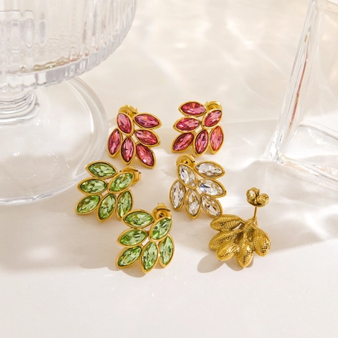 Pendientes de Hoja de Acero Inoxidable para Mujer Elegante Joyería Incrustada de Circonia Estilo Dulce Fresco Accesorio