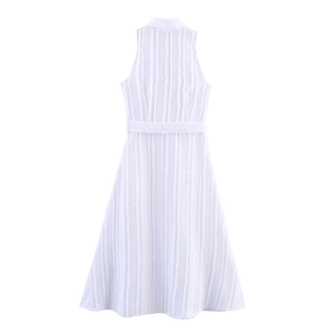 Elegant Sleeveless Maxi Dress With Blazer Collar And Belt High Waist Textured Solid White Office Commute For Women