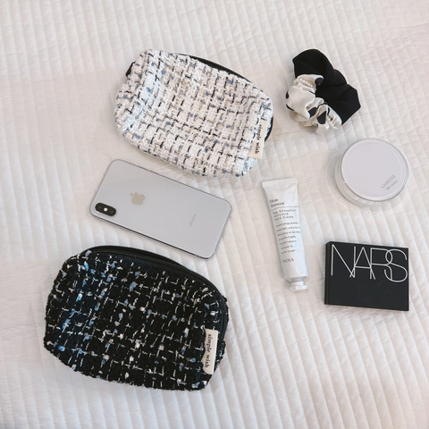 Trousse Da Trucco In Tweed Piccola Borsa Organizer Per Cosmetici Portatile Con Cerniera Custodia Elegante Per Donna