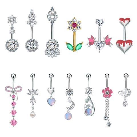 Stainless Steel Zirconia Belly Button Ring Navel Piercing Jewelry For Women Dangle Heart Cat Flower Butterfly Body Piercing Jewelry