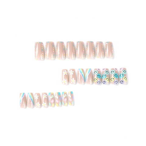 Kunstnagels Press On Glimlach Gezicht Regenboog Madeliefje Lange Vierkante Kleurrijke Kunstnagels Voor Vrouwen Zoete Stijl