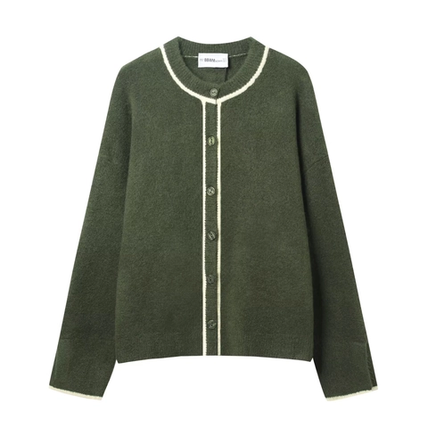 Cardigan In Maglia Da Donna Finiture A Contrasto Girocollo Manica Lunga Maglione Con Bottoni Stile Dolce Poliestere Verde