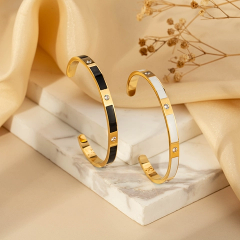 Minimalist Stainless Steel Open Bangle For Women Zirconia Enamel Inlay Polished C Shape Cuff Bracelet Fashion Jewelry