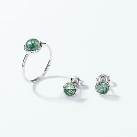 Natural Green Moss Agate 925 Sterling Silver Stud Earrings Minimalist Round Geometric Stone Earrings For Women Jewelry