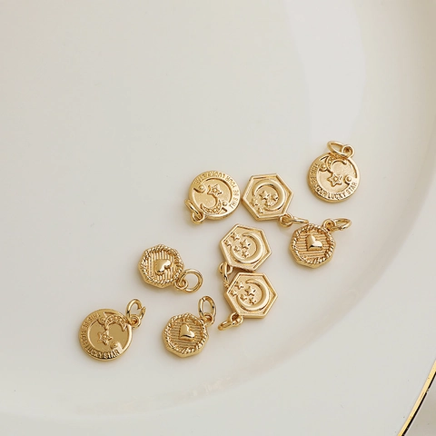 Legierungsanhänger 14K Vergoldet Herz Runde Scheibe Stern Mond Sechseck Anhänger Graviert Lucky Star Für DIY Schmuck