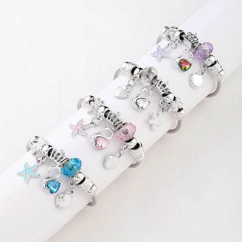 Bracciale Con Charms In Acciaio Inossidabile Da Donna Perline Di Cristallo Lega Cuore Elefante Cigno Pendente Bangle Gioielli