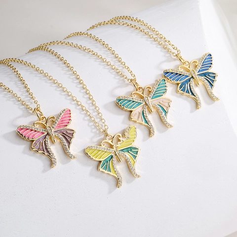 Butterfly Pendant Necklace Copper 18K Gold Plated Colorful Enamel Zircon Stone Jewelry For Women Girls Elegant Ins Style