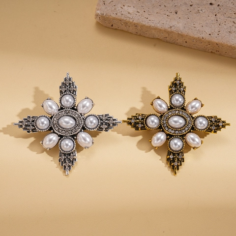 Spilla A Croce Barocca Lega Imitazione Perla Artificial Strass Stile Palazzo Vintage Accessorio Geometrico Per Donna Abito Completo
